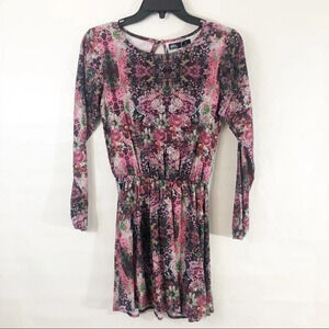 Gloss Girls Floral Tunic Dress Pink Black Long Sleeve Keyhole Back Size 12